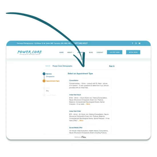 Online booking workflow for a chiropractic clinic